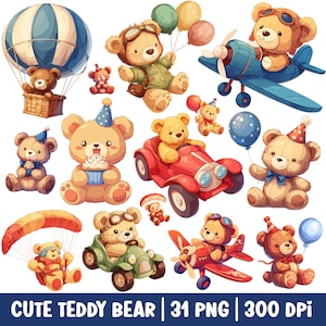 Niedlicher Teddybär fliegen Clipart Vintage Baby Shower PNG Bundle Teddybär Aquarell Illustration Kinder Kinderzimmer Cartoon-Geburtstags-Party-Dekor