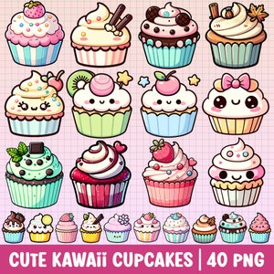 Cute Cupcakes Clipart Transparent PNG Bundle Set Kawaii Cupcake Flavor Cartoon Illustration Birthday Party Décor Kids DIY Craft Baby Shower