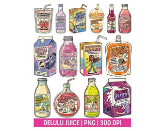 Delulu Juice PNG Bundle, Funny Gen Z Sticker Design, Retro Groovy Beverage Parody Clipart, Main Character Energy, Y2K Fruit Drink Labels
