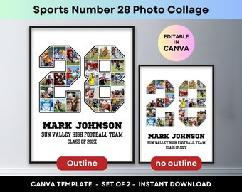 Sports Photo Collage Player Number 28 Graduation Gift Senior Night 2024 Athlete Poster Football Basketball Baseball Soccer Canva Template