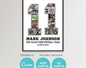 Sports Photo Collage Player Number 11 Graduation Gift Senior Athlete Personalized Poster Football Basketball Baseball Hockey Canva Template