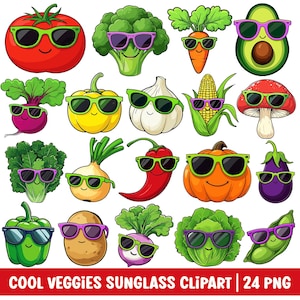 Légumes PNG ensemble de cliparts drôles de légumes Lunettes de soleil cool Illustration de légume Tomate Carotte Betterave Citrouille Avocat Brocoli Champignon