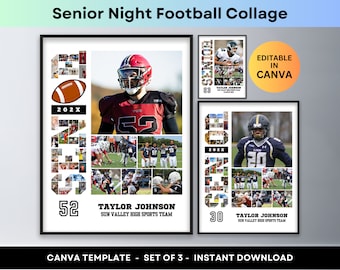 May include: A set of three printable football collage templates for Canva. Each template features a football player's jersey number made of photos, a large photo of the player, and the text "202X".