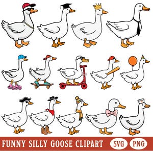 Puede incluir: Un conjunto de 36 imágenes de clipart de gansos divertidos en varias poses y atuendos. Los gansos llevan sombreros, gafas de sol, coronas y otros accesorios. El clipart es perfecto para agregar un toque de humor a tus proyectos.