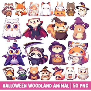 Halloween bosdieren clipart schattig bosdier png kawaii cartoon illustratie vosotter uil beer konijn wasbeer in halloweenkostuum