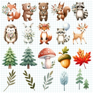 May include: A collection of woodland-themed stickers featuring a fox, bear, squirrel, raccoon, hedgehog, rabbit, and deer holding flowers, alongside a mushroom, acorn, maple leaf, pine trees, and various green and winter-themed botanical sprigs.