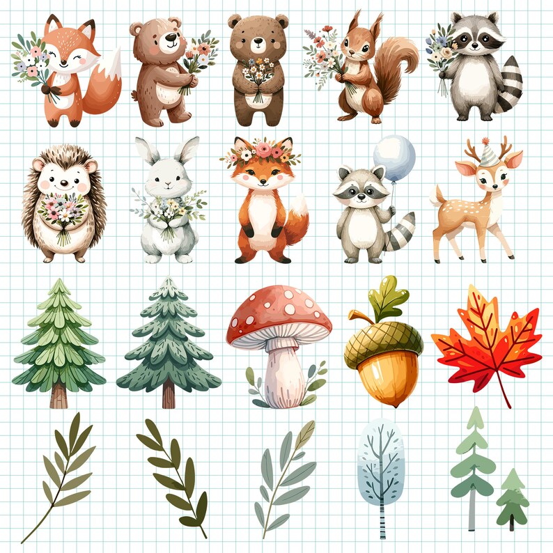 May include: A collection of woodland-themed stickers featuring a fox, bear, squirrel, raccoon, hedgehog, rabbit, and deer holding flowers, alongside a mushroom, acorn, maple leaf, pine trees, and various green and winter-themed botanical sprigs.