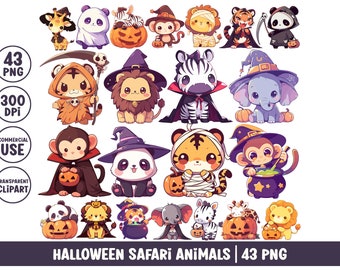 Animali della savana di Halloween Clipart Simpatici animali dello zoo PNG Illustrazione kawaii cartone animato Tigre Leone Panda Scimmia Giraffa Zebra in costume di Halloween