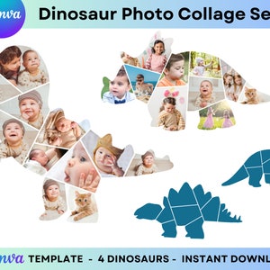 Ensemble de collages de photos de dinosaures modèle canva modifiable, impressions de chambre d'enfants, art mural dinosaure, carte d'invitation d'anniversaire numérique, affiche de décoration de chambre à coucher pour garçons