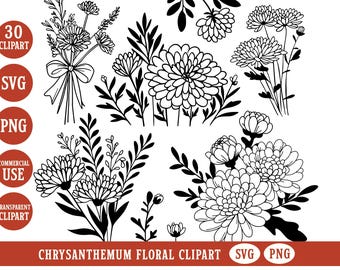 May include: A collection of black and white chrysanthemum floral illustrations featuring various bouquets and individual stems. The image includes text labels such as 30 CLIPART, SVG, PNG, COMMERCIAL USE, TRANSPARENT CLIPART, and CHRYSANTHEMUM FLORAL CLIPART.
