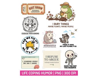 Dark Humor Sticker Bundle PNG | Funny Sarcastic Stickers Pack | Snarky Cope Humor Designs | Mental Health Humor | Gothic Existential Clipart