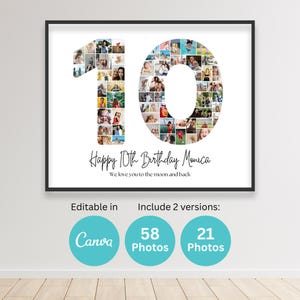 10th Birthday Number 10 Photo Collage Printable Canva Frame Template 10th Anniversary Picture Collage Poster Birthday Gift Son Daughter