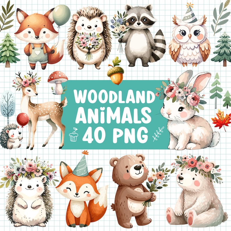 May include: A digital collection of woodland animal illustrations featuring a fox, hedgehog, raccoon, owl, deer, rabbit, and bear. The characters are decorated with flowers and party hats. The text reads WOODLAND ANIMALS 40 PNG on a grid background.