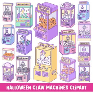 May include: A collection of colorful, cartoon claw machines with various Halloween-themed prizes. The machines feature text like "Grab-A-Snake," "Trick or Treat," and "Grab-A-Skull." The image also includes text that says "Halloween Claw Machines Clipart."