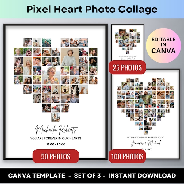Coeur Photo Collage Affiche Pixel Amour Forme Personnalisé Saint-Valentin Couple Cadeau Anniversaire de mariage Mémorial Photo Canva Modèle