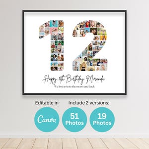 12.Geburtstag Zahl 12 Foto Collage druckbare Canva Rahmen Vorlage 12 Jahre Bild Collage 8x10 Poster Geburtstag Geschenk Sohn Tochter