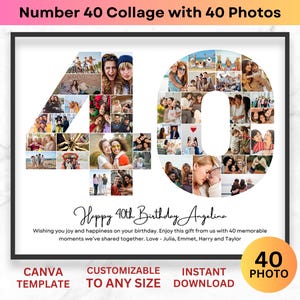 40.Geburtstag Foto-Collage Vorlage Personalisierte Zahl 40 Foto-Geschenk für Mann Frau Jahrestag Bild Collage druckbares Poster Canva