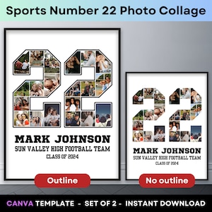 Numero giocatore 22, collage fotografico sportivo, regalo di laurea, poster per laureati, modello Canva per football, basket, baseball, hockey