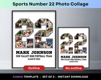Player Number 22 Sports Photo Collage Graduation Gift Senior Class 2024 Grad 16x20 Poster Football Basketball Baseball Hockey Canva Template