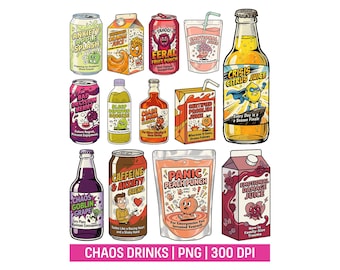 Chaos Juice Box PNG Bundle, Funny Anxiety Drink Stickers, Unhinged Beverage Parody Clipart, Retro Groovy Comic, Gen Z Meme, Hot Mess Humor
