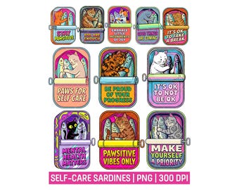 Mental Health Cat Sardine Can PNG Bundle, Self Care Quotes Clipart, Retro Groovy Cat Stickers, Positive Affirmation PNG, Cat Lover Gift