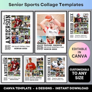 May include: Six customizable sports collage templates for senior year. Each template features a black and white design with a black and white photo collage, a player's name, jersey number, sport, and the text "Senior 20XX". The templates are editable in Canva.