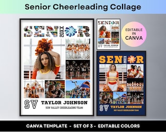 May include: A set of three printable cheerleading collage templates for Canva. Each template features a blue and yellow colour scheme with the word "Senior" and the year "20XX" in a bold font. The templates are designed to be customised with photos and text.