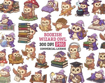 Kawaii bokälskare uggla clipart trollkarl skola png läsning boklig djur lärare klassrum