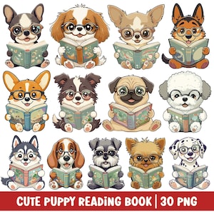 Cute Dog Reading Book Watercolor Clipart Bookish Puppy PNG Kawaii Dog Breed Cartoon Book Lover Digital Sticker Bundle Set for School Kids