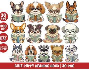 May include: A collection of 30 digital illustrations featuring various puppy breeds wearing round glasses and reading open books. The set includes diverse dogs like pugs, corgis, and huskies, each holding a colorful book. Text includes 30 PNG, 300 DPI, COMMERCIAL USE, TRANSPARENT CLIPART, and CUTE PUPPY READING BOOK.