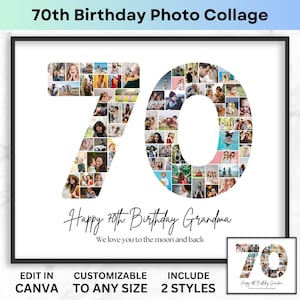Collage de fotos con el número 70, collage de fotos con el número 70 para el cumpleaños, plantilla de collage imprimible en Canva, póster de collage de fotos, regalo de cumpleaños para abuela y abuelo