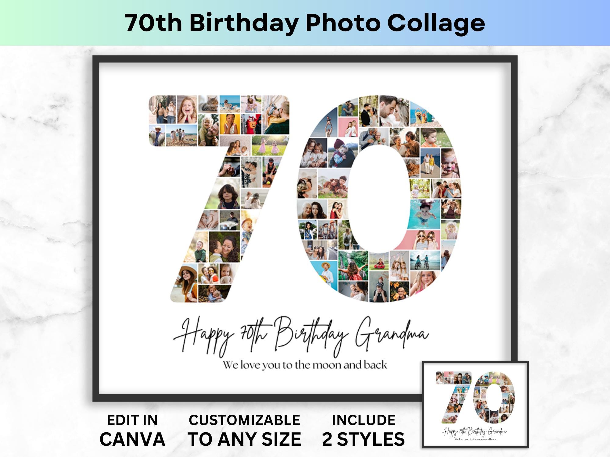 Number 70 Photo Collage 70th Birthday Number Collage Printable Canva Collage Template Picture Collage Poster Birthday Gift Grandma Grandpa