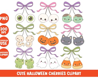 甘いチェリーのハロウィンクリップアート、不気味な季節のチェリーPNGバンドル、かわいいデジタルステッカーセット、かわいいカボチャ、ゴースト、スカル、黒猫、魔女、ゾンビ