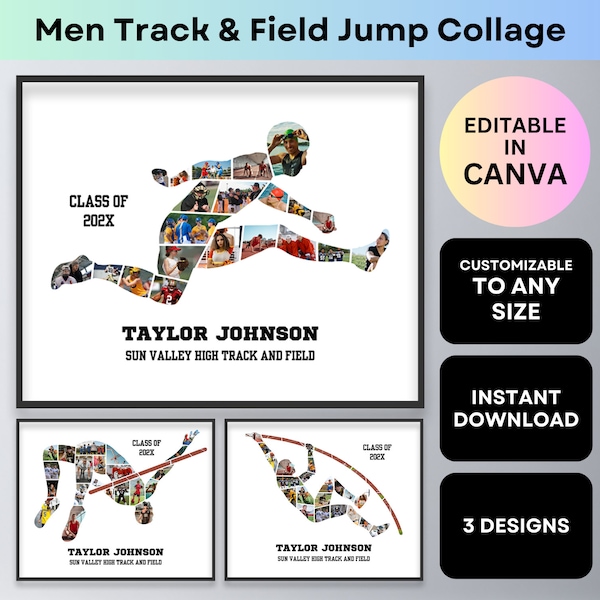 Track and Field Sports Photo Collage Personalized Senior Night Graduation Gifts Long Jump High Jump Pole Vault Custom Poster Canva Template