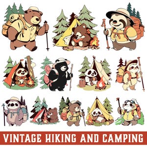 Vintage Hiking PNG Clipart Retro Camping SVG Sloth Bear Panda Animal Cartoon Illustration Camper Hiker Classic Outdoorsy Sublimation Image