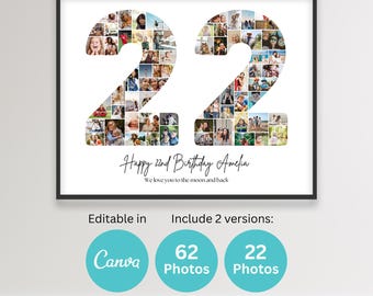 22nd Birthday Number 22 Photo Collage Printable Canva Frame Template 22nd Anniversary Picture Poster Birthday Gift Son Daughter 16x20 8x10