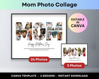 Puede incluir: Una plantilla digital para un collage de fotos con la palabra "MOM" hecha de fotos. La plantilla es editable en Canva e incluye dos diseños: uno con 24 fotos y otro con 3 fotos. El texto "Happy Mother's Day" está incluido en ambos diseños.