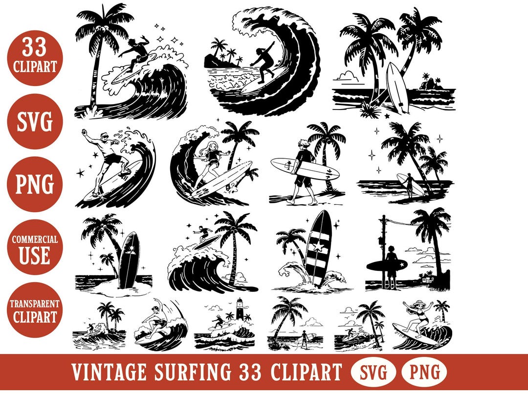 Vintage Surfing PNG Clipart Summer Beach SVG Retro Surfer Silhouette ...