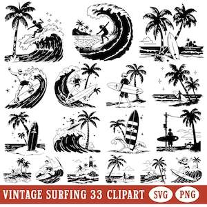 Vintage Surf PNG Clipart Verão Praia SVG Retro Surfista Silhueta Prancha de Surfe Pacote Esportes Aquáticos Costeiros Uso Comercial Imagem de Sublimação