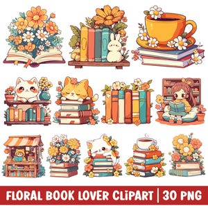 Floral Book Lover Clipart Cute Bookish Flower PNG Reading Cartoon Illustration Vintage Retro Stacked Books and Wildflower Digital Sticker