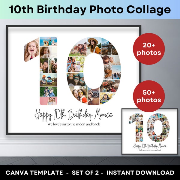 10th Birthday Number 10 Photo Collage Printable Canva Frame Template 10th Anniversary Picture Collage Poster Birthday Gift Son Daughter