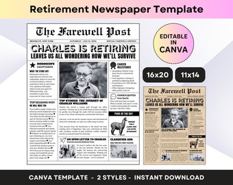 Retirement Newspaper Personalized Farewell Gift Goodbye Party Decoration Funny Poster Editable Template Retired Coworker Boss Colleague Team