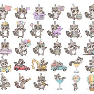 May include: A selection of cartoon raccoons in party scenes. Some raccoons wear party hats and hold balloons, gifts, and signs saying "Happy Birthday" and "Yay!". Others are in a car, plane, and hot air balloon.