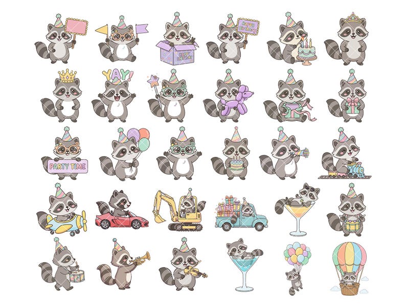 May include: A selection of cartoon raccoons in party scenes. Some raccoons wear party hats and hold balloons, gifts, and signs saying "Happy Birthday" and "Yay!". Others are in a car, plane, and hot air balloon.
