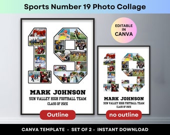 Sports Photo Collage Player Number 19 Graduation Gift Senior Night 2024 Athlete Poster Football Basketball Baseball Soccer Canva Template