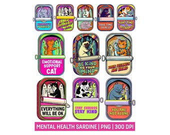 Self Care Cat PNG Bundle, Mental Health Quotes, Retro Sardine Can Cat Clipart, Self Love Cat Stickers, Positive Affirmation, Self Healing