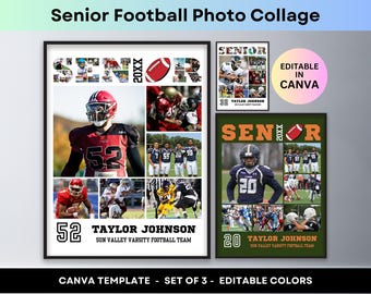 May include: A set of three printable football photo collage templates for Canva. The templates feature a green, black, and white color scheme with the word "Senior" and the year "20XX" in large letters. The templates are designed to be used for senior football players and include space for photos and text.