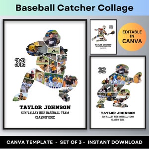 May include: A set of three printable baseball catcher collage templates for Canva. Each template features a silhouette of a catcher made up of photos, with the player's name, team, and year. The text "Editable in Canva" is included in the image.