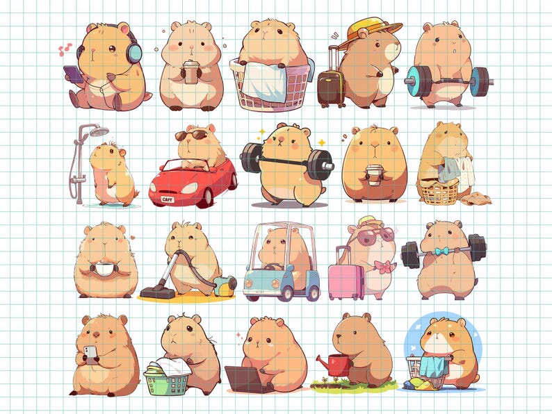 Cute Capybara Clipart Kawaii Capybara PNG Bundle Set Daily Life Activity Digital Sticker Pack for Planner Morning Routine Everyday Chores image 5