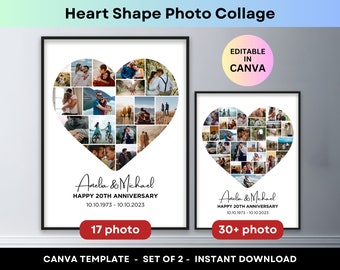 Heart Shape Photo Collage Wedding Anniversary Gift Engagement Present Boyfriend Girlfriend Valentine's Day Gifts Canva Template Love Poster